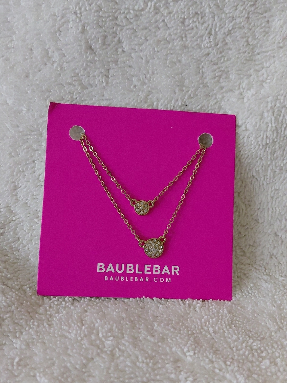 BaubleBar Gold Double Layer Crystal Disc Necklace on Pink Card